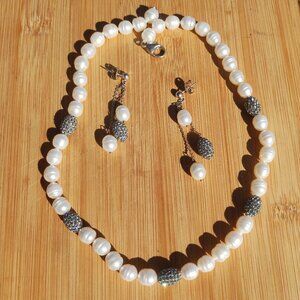 Honora Freshwater Pearl Swarovski Crystal Necklace  Earrings Set 925 Sterling
